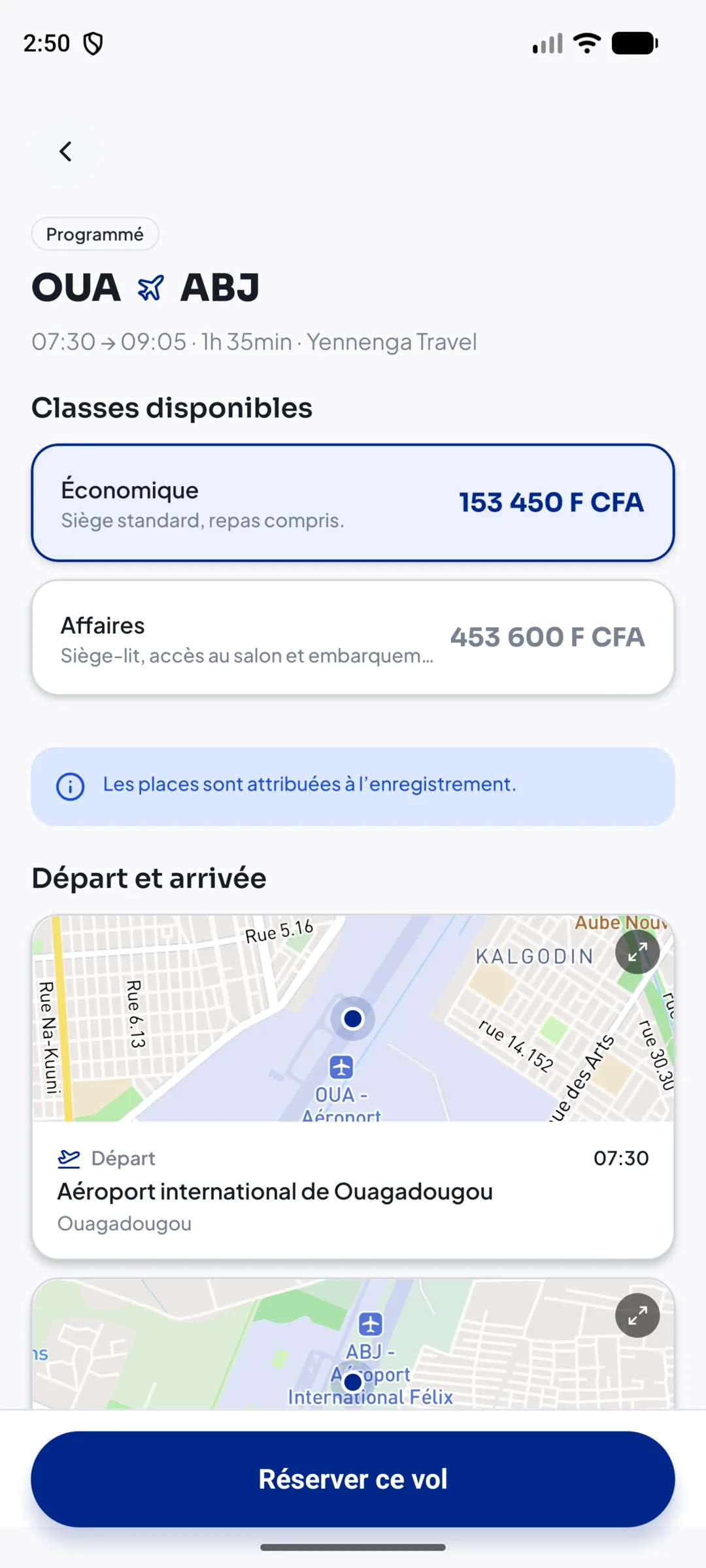 Détail du vol Ouagadougou-Abidjan, avec les classes Économique et Affaires.