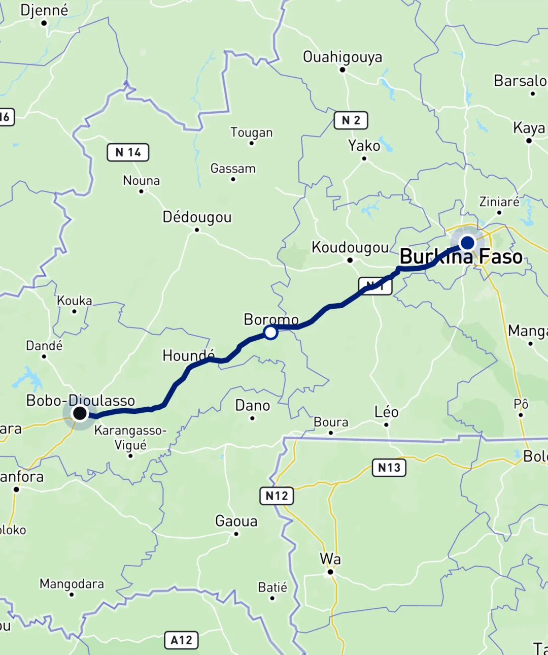 Carte du trajet Ouagadougou — Bobo-Dioulasso tracé sur la nationale 1, avec un arrêt à Boromo.