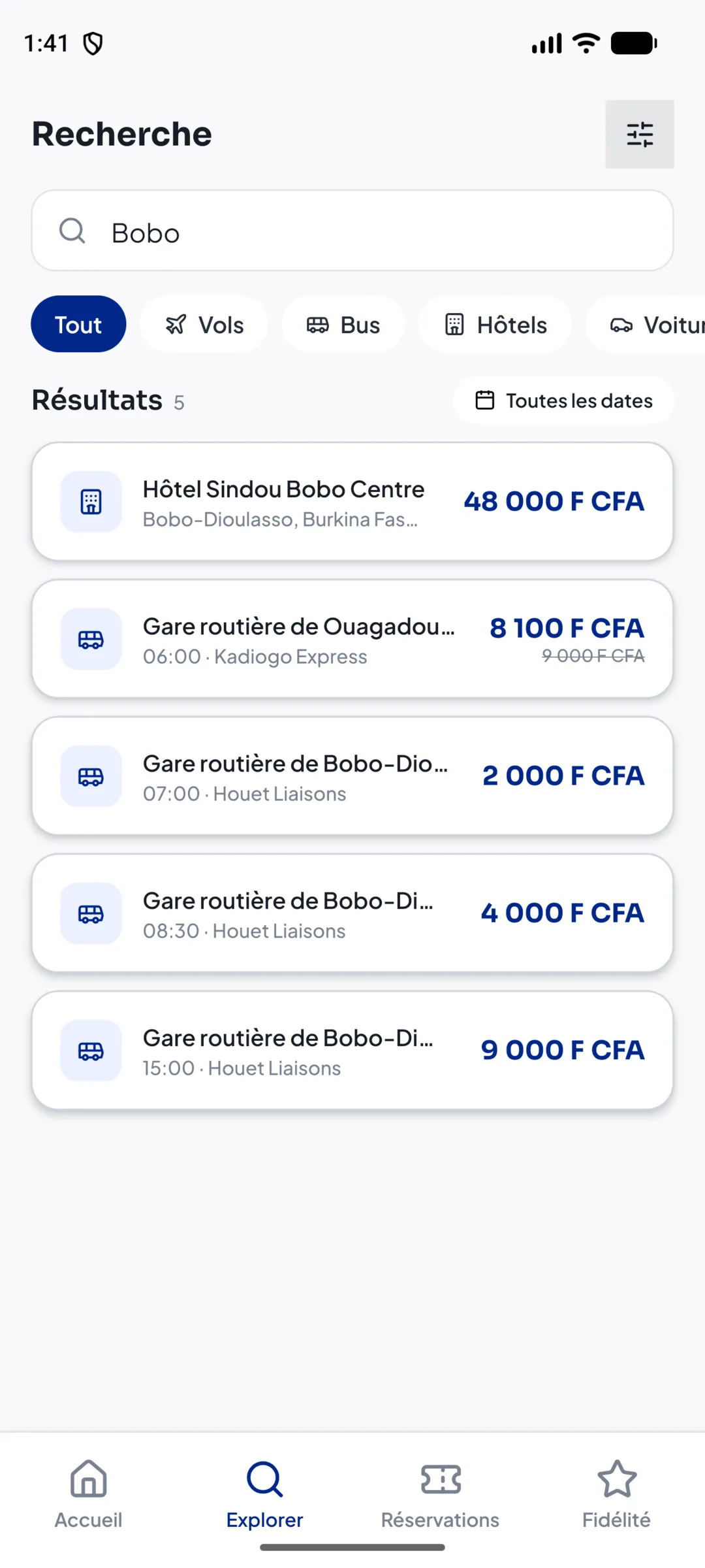 Résultats de recherche pour Bobo-Dioulasso, mêlant un hôtel et quatre lignes de car.