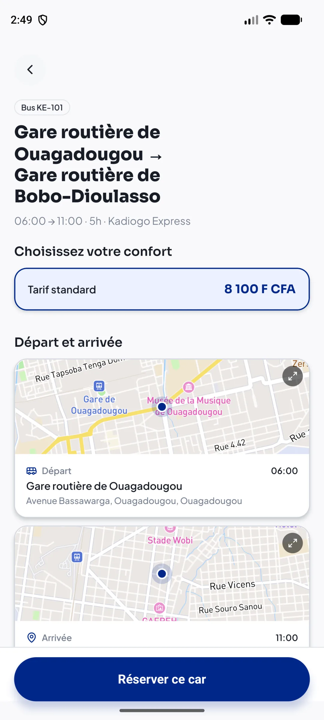Détail d’une ligne de car Ouagadougou — Bobo-Dioulasso avec les cartes des deux gares routières.